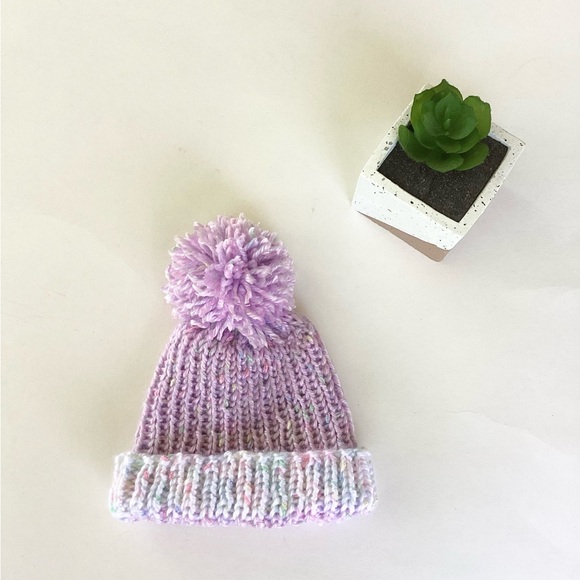 Baby Hat Hand Crafted Purple Knit Pom-Pom Beanie - Picture 1 of 13